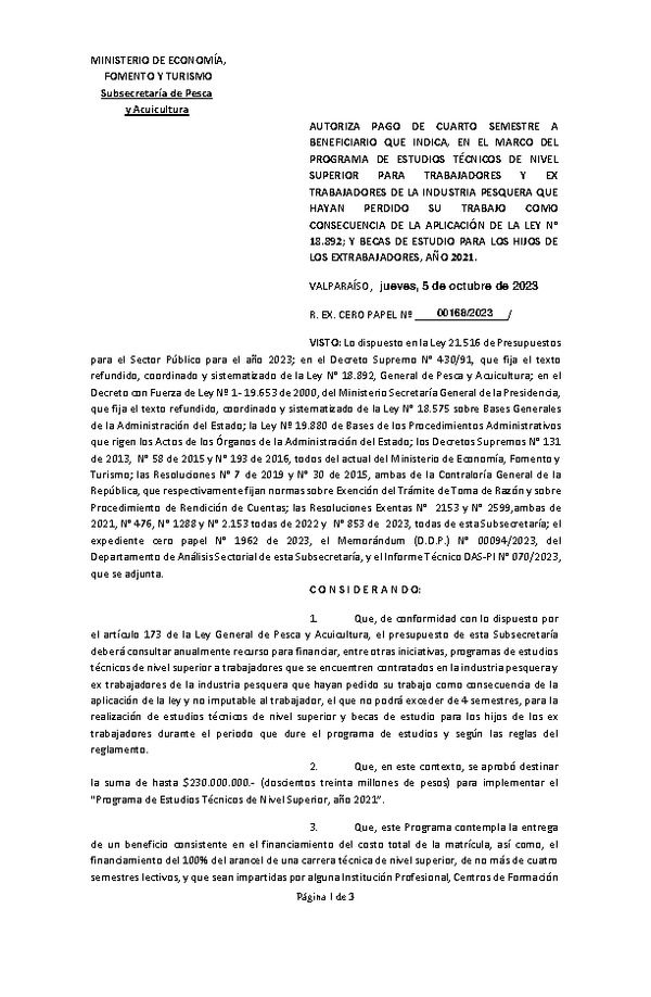 Res. Ex. N° 00168-2023 Autoriza pago de cuarto semestre a beneficiario que indica, en el marco del programa que señala. (Publicado en Página Web 11-10-2023)