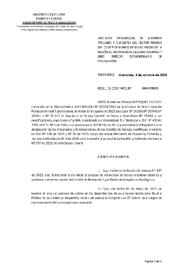 Res. Ex N° 00147-2023, Declara vacantes y abre período extraordinario de postulación de miembros titulares y suplentes del sector privado del comité de manejo de Algas Pardas de la Región de Antofagasta. (Publicado en Página Web 05-10-2023) (F.D.O. 11-10-2023)