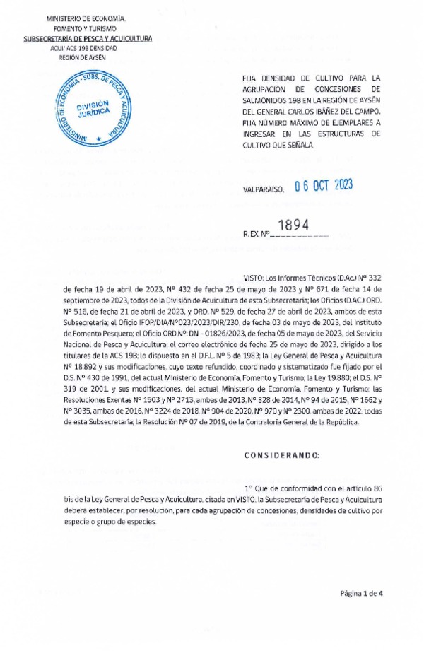 Res. Ex. N° 1894-2023 Fija densidad de cultivo para la agrupación de concesión de Salmónidos 19B Región de Aysén del General Carlos Ibáñez del Campo. (Con Informe Técnico) (Publicado en Página Web 12-10-2023) (Publicado en Página Web 12-10-2023)