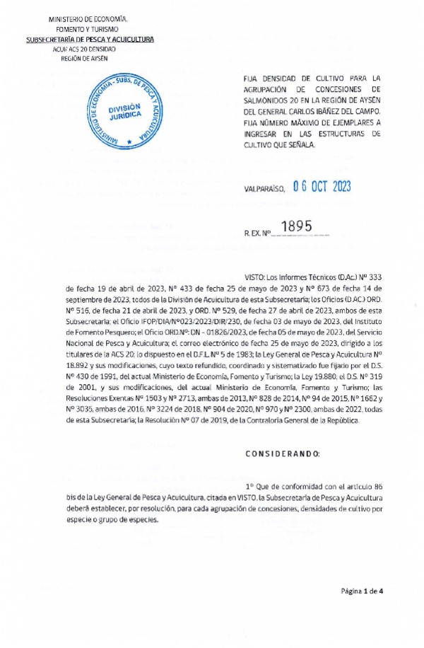 Res. Ex. N° 1895-2023 Fija densidad de cultivo para la agrupación de concesión de Salmónidos 20 Región de Aysén del General Carlos Ibáñez del Campo. (Con Informe Técnico) (Publicado en Página Web 12-10-2023) (F.D.O. 12-10-2023)