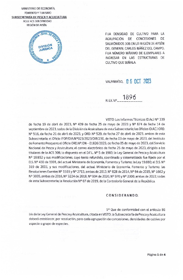 Res. Ex. N° 1896-2023 Fija densidad de cultivo para la agrupación de concesión de Salmónidos 30B Región de Aysén del General Carlos Ibáñez del Campo. (Con Informe Técnico) (Publicado en Página Web 12-10-2023) (D.D.O. 12-10-2023)