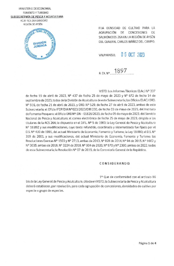 Res. Ex. N° 1897-2023 Fija densidad de cultivo para la agrupación de concesión de Salmónidos 26A Región de Aysén del General Carlos Ibáñez del Campo. (Con Informe Técnico) (Publicado en Página Web 12-10-2023) (D.D.O. 12-10-2023)