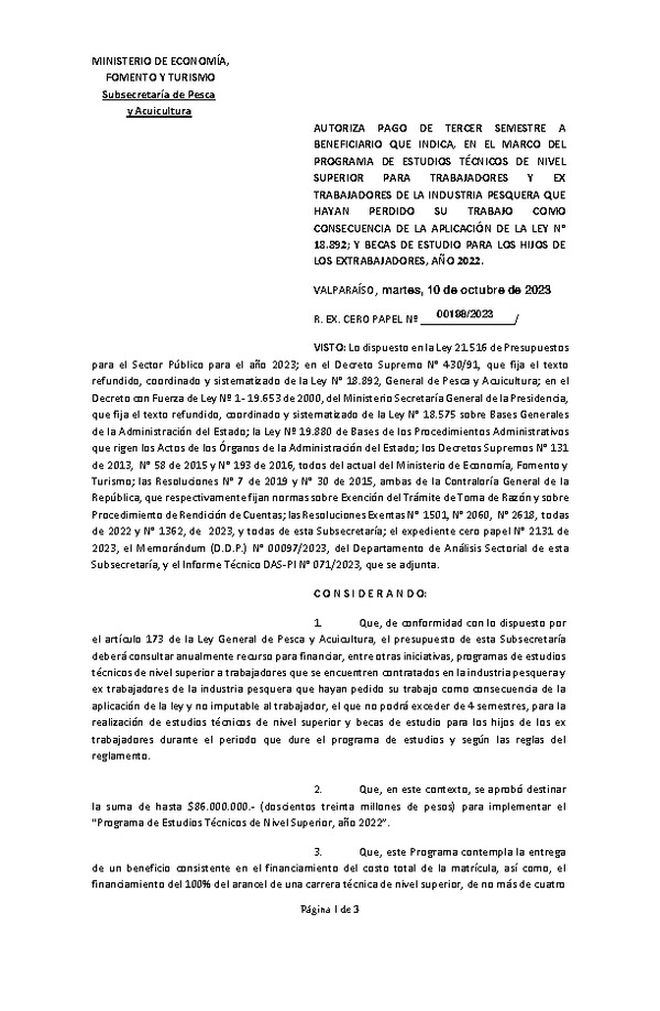 Res. Ex. N° 00198-2023 Autoriza pago de tercer semestre a beneficiario que indica, en el marco del programa que señala. (Publicado en Página Web 12-10-2023)