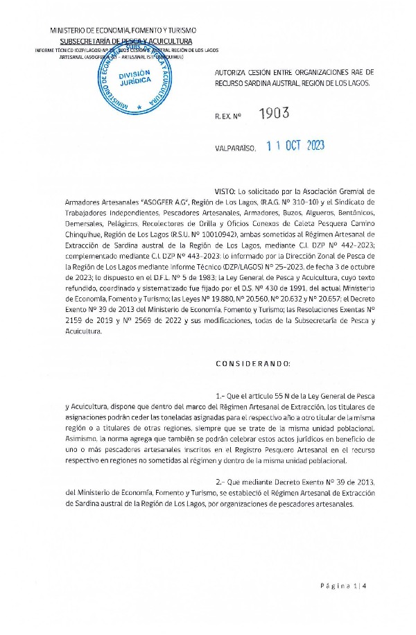Res. Ex. N° 1903-2023 Autoriza cesión sardina austral Región de Los Lagos. (Publicado en Página Web 12-10-2023)