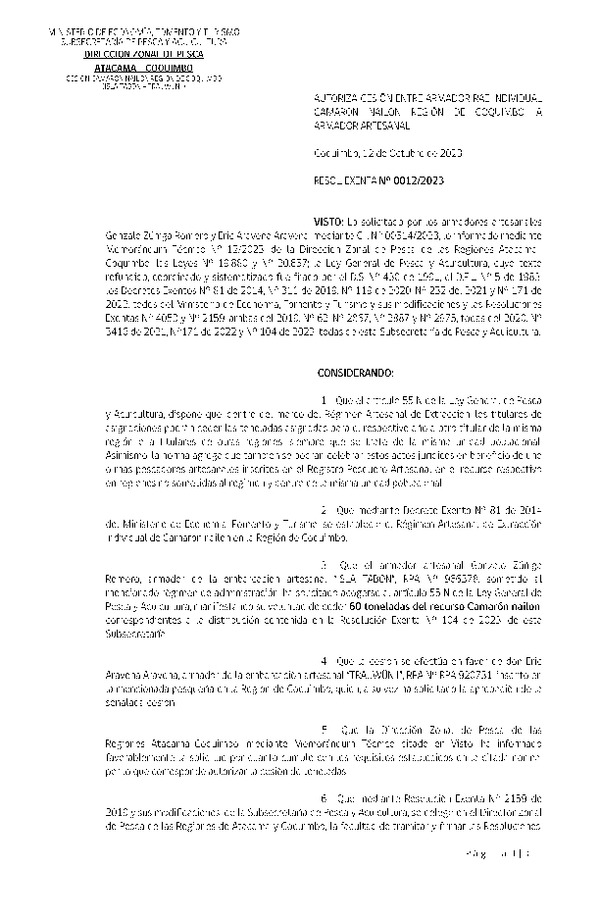 Res. Ex. N° 0012-2023 (DZP Atacama y Coquimbo) Autoriza cesión Camarón nailon, Región de Coquimbo. (Publicado en Página Web 12-10-2023)