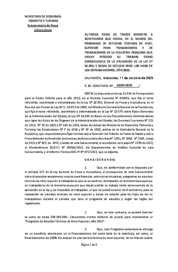 Res. Ex. N° 00207-2023 Autoriza pago de tercer semestre a beneficiario que indica, en el marco del programa que señala. (Publicado en Página Web 12-10-2023)