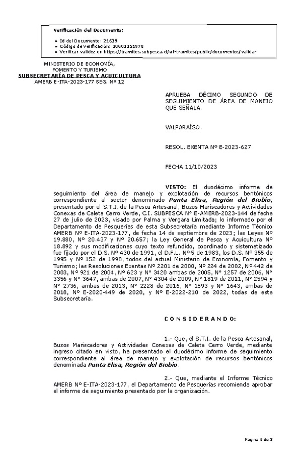 RESOL. EXENTA Nº E-2023-627 Aprueba 12° seguimiento. (Publicado en Página Web 13-10-2023)