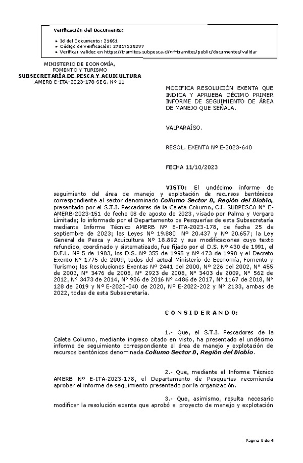 RESOL. EXENTA Nº E-2023-640 Modifica resolución que indica, Aprueba 11° seguimiento. (Publicado en Página Web 13-10-2023)