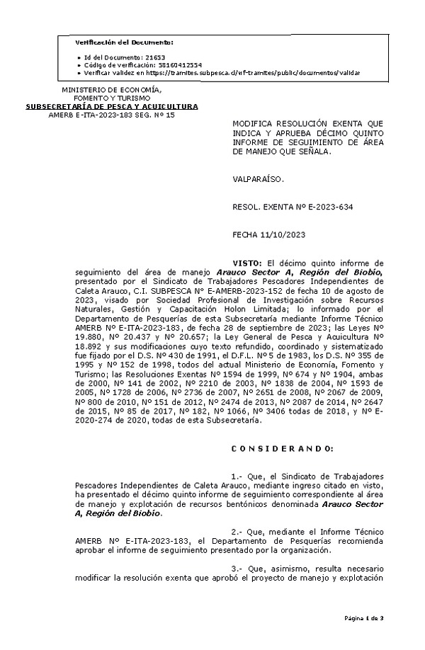 RESOL. EXENTA Nº E-2023-634 Modifica resolución que indica, Aprueba 15° seguimiento. (Publicado en Página Web 13-10-2023)