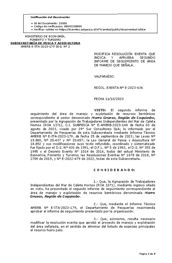 RESOL. EXENTA Nº E-2023-636 Modifica resolución que indica, Aprueba 2° Seguimiento. (Publicado en Página Web 13-10-2023)