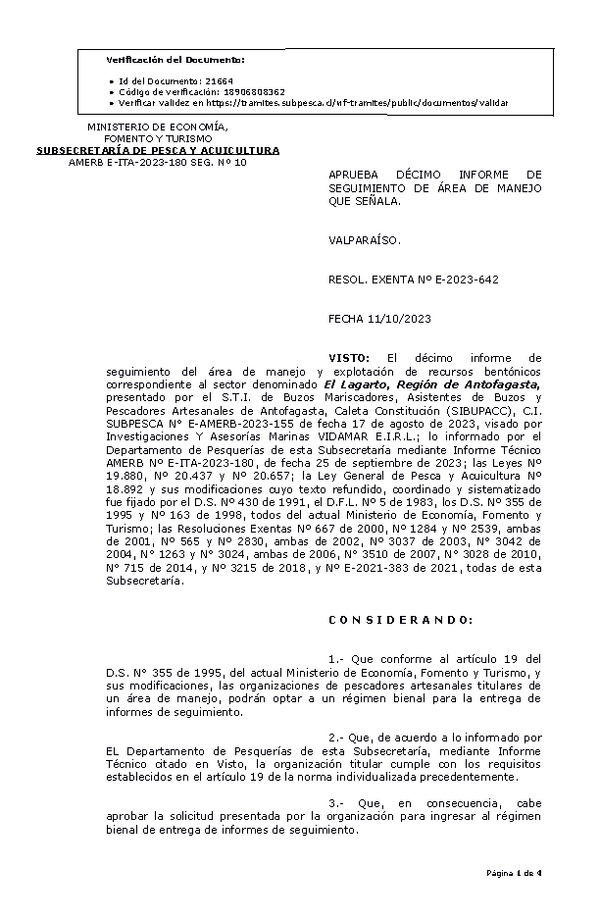 RESOL. EXENTA Nº E-2023-642 Aprueba 10° Seguimiento. (Publicado en Página Web 13-10-2023)