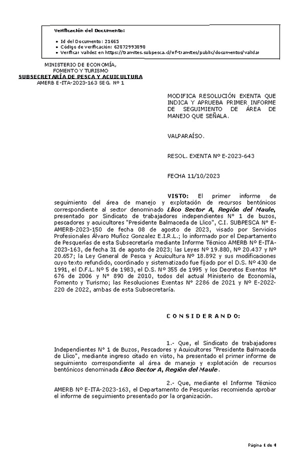 RESOL. EXENTA Nº E-2023-643 Modifica resolución que indica, Aprueba 1° Seguimiento. (Publicado en Página Web 13-10-2023)