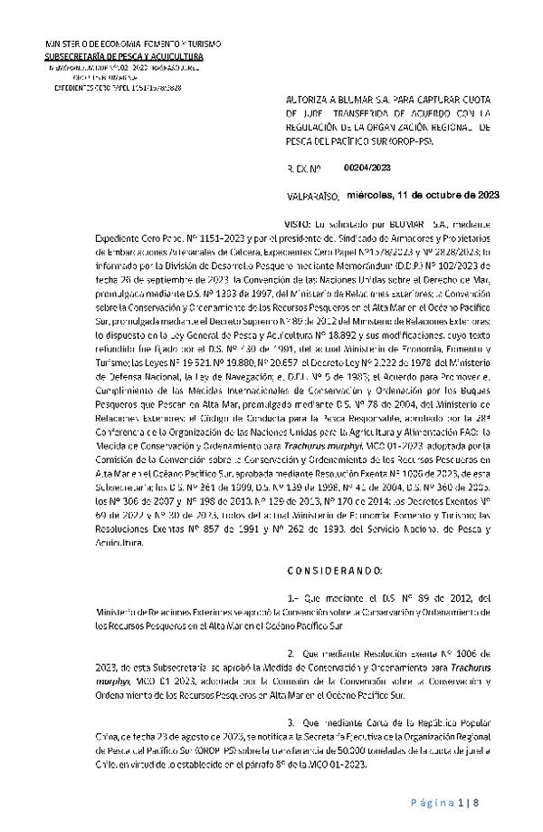 Res. Ex. N° 00204-2023 Autoriza a Blumar S.A. para Capturar Cuota del Jurel Transferida de Acuerdo con la Regulación de la Organización Regional de Pesca del Pácifico Sur (OROP-PS). (Publicado en Página Web 13-10-2023)