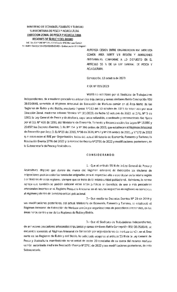 Res. Ex. N° 095-2023 (DZP Ñuble y del Biobío) Autoriza cesión Merluza común. (Publicado en Página Web 16-10-2023)