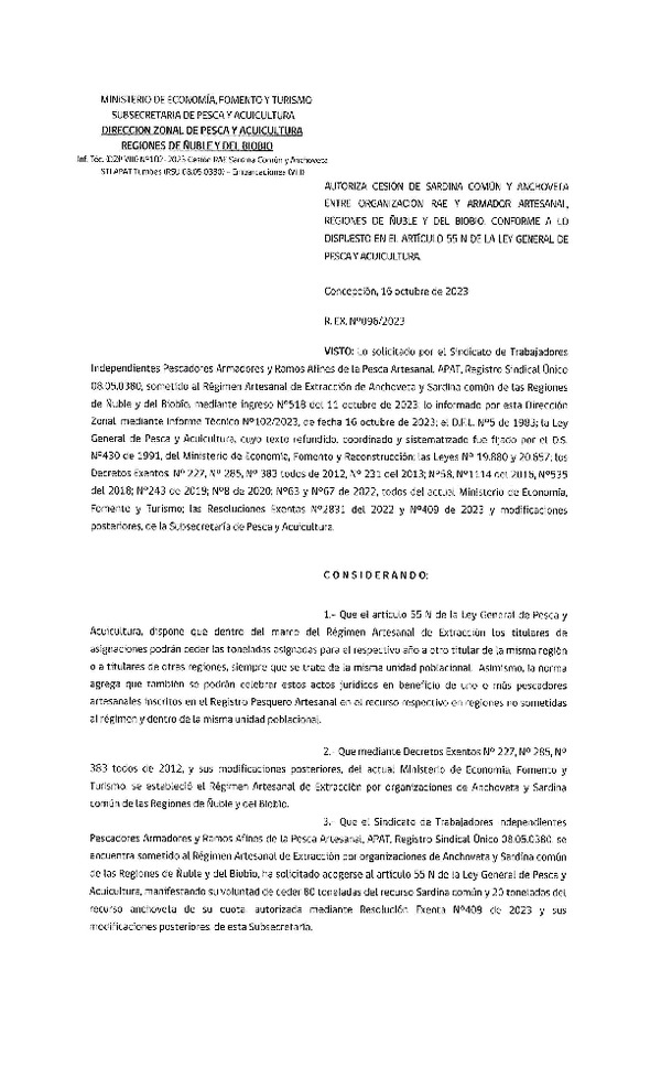 Res. Ex. N° 096-2023 (DZP Ñuble-Biobío) Autoriza cesión Sardina común y anchoveta. (Publicado en Pagina Web 16-10-2023).