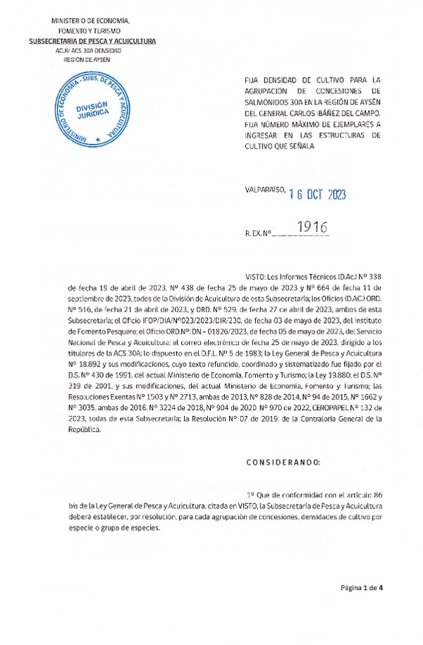 Res. Ex. N° 1916-2023 Fija densidad de cultivo para la agrupación de concesiones de salmónidos 30A en la Región de Aysén del general Carlos Ibáñez del Campo. Fija número máximo de ejemplares a ingresar en las estructuras de cultivo que señala. (Publicado en Página Web 16-10-2023)