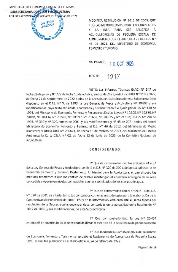 Res. Ex. N° 1917-2023 Modifica Res. Ex. N° 3612 de 2009, de esta Subsecretaría que fijó las metodologías para elaborar la caracterización preliminar del sitio (CPS) y la información ambiental. (Publicado en Página Web 17-10-2023)