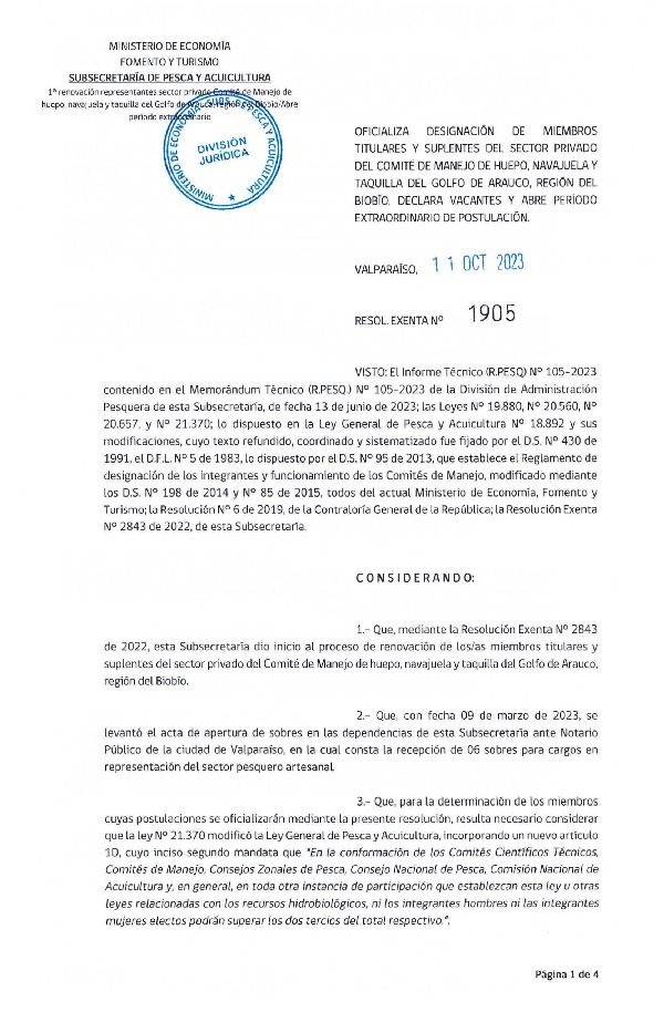 Res. Ex. N° 1905-2023 Declara vacantes y abre período extraordinario de postulación de miembros titulares y suplentes del sector privado del Comité de Manejo de Huepo, Navajuela y Taquilla del Golfo de Arauco, Región del Biobío. (Publicado en Página Web 17-10-2023) (F.D.O. 17-10-2023)