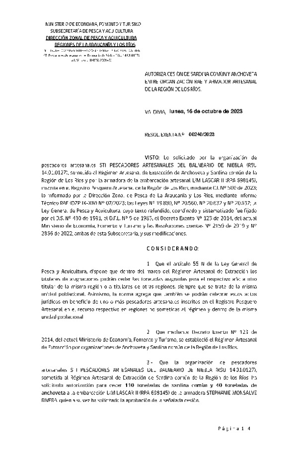 Res. Ex. CERO PAPEL N° 00240-2023 (DZP La Araucanía y Los ríos) Autoriza cesión Sardina común y Anchoveta, Región de Los Ríos. (Publicado en Página Web 17-10-2023)