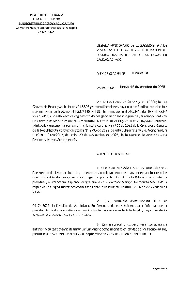 Res. Ex. CERO PAPEL N° 00228-2018 Designa funcionarios de la Subsecretaría en Comité de Manejo del recurso Macha, Región de Los Lagos. (Publicado en Página Web 17-10-2023)