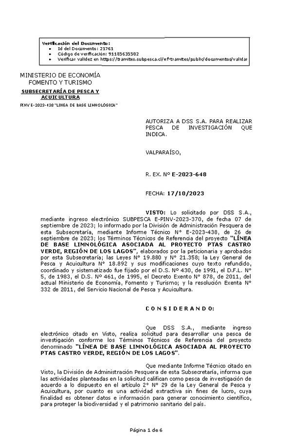 R. EX. Nº E-2023-648 AUTORIZA A DSS S.A. PARA REALIZAR PESCA DE INVESTIGACIÓN QUE INDICA. (Publicado en Página Web 18-10-2023)