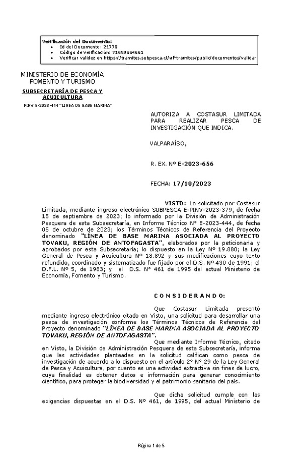 R. EX. Nº E-2023-656 AUTORIZA A COSTASUR LIMITADA PARA REALIZAR PESCA DE INVESTIGACIÓN QUE INDICA. (Publicado en Página Web 19-10-2023)