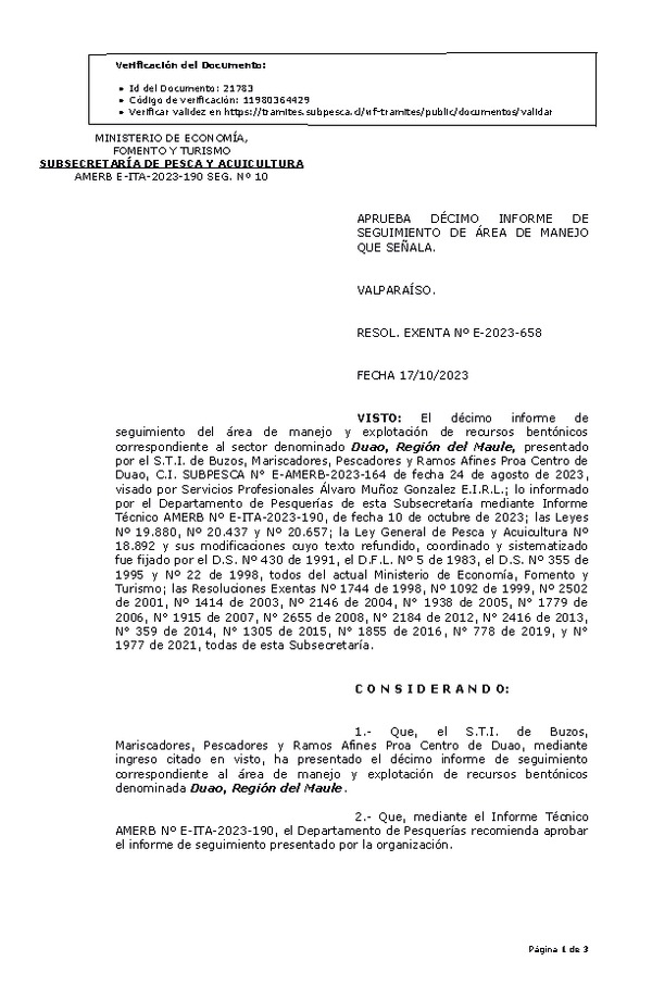 RESOL. EXENTA Nº E-2023-658 Aprueba 10° seguimiento. (Publicado en Página Web 19-10-2023)