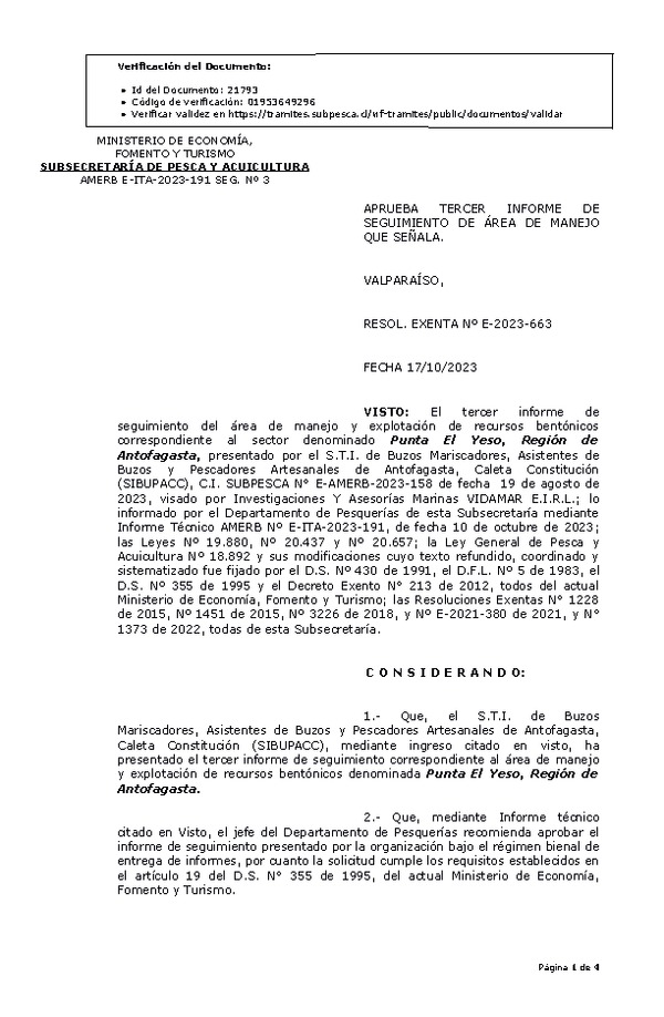 RESOL. EXENTA Nº E-2023-663 Aprueba 3° seguimiento. (Publicado en Página Web 19-10-2023)