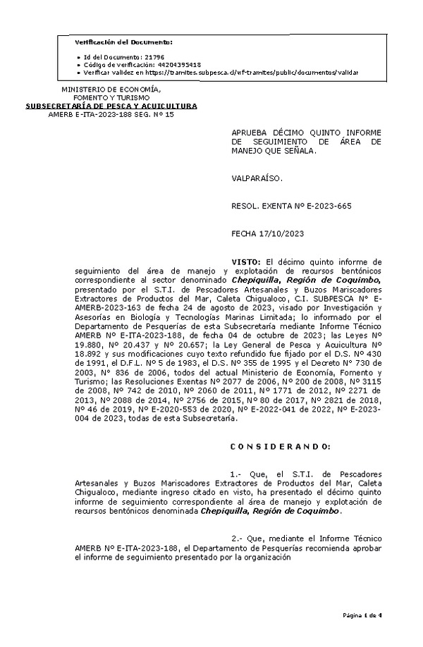 RESOL. EXENTA Nº E-2023-665 Aprueba 15° seguimiento. (Publicado en Página Web 19-10-2023)