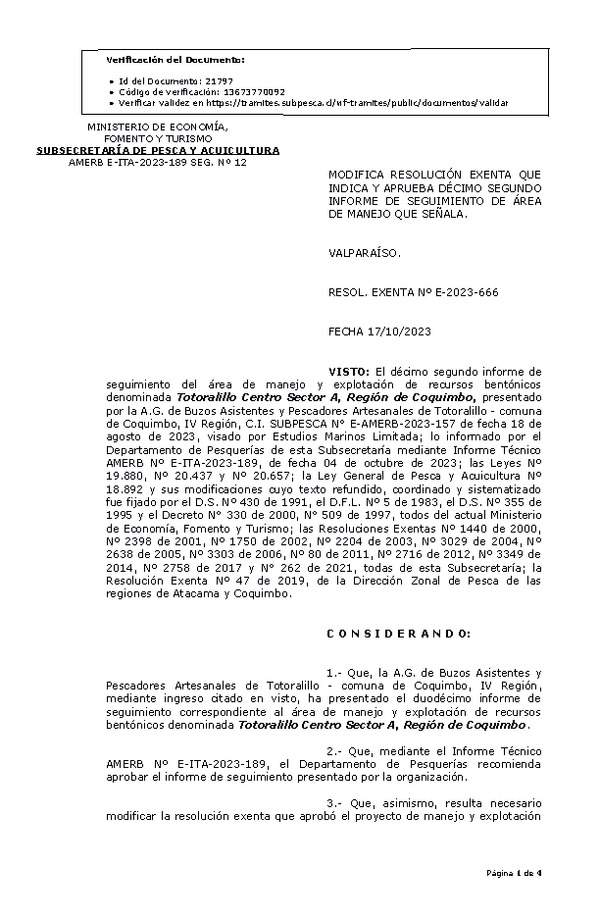 RESOL. EXENTA Nº E-2023-666 Modifica resolución que indica, Aprueba 12° seguimiento. (Publicado en Página Web 19-10-2023)