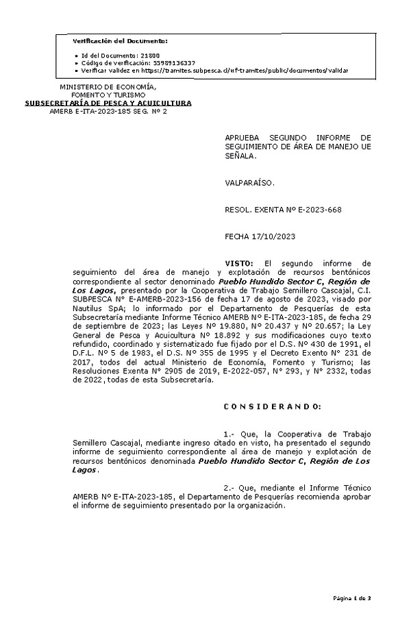 RESOL. EXENTA Nº E-2023-668 Aprueba 2° seguimiento. (Publicado en Página Web 19-10-2023)