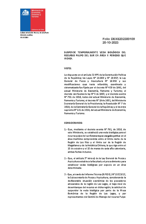 Dec. Ex. Folio 202300109 Suspende Temporalmente Veda Biológica Para el Recurso Pulpo del Sur, en Área y Período que Indica. (Publicado en Página Web 24-10-2023)