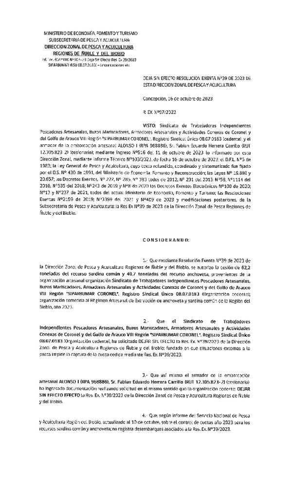 Res. Ex. N° 097-2023 (DZP Ñuble-Biobío) Deja sin efecto Res. Ex. N° 39-2023. (Publicado en Pagina Web 17-10-2023)