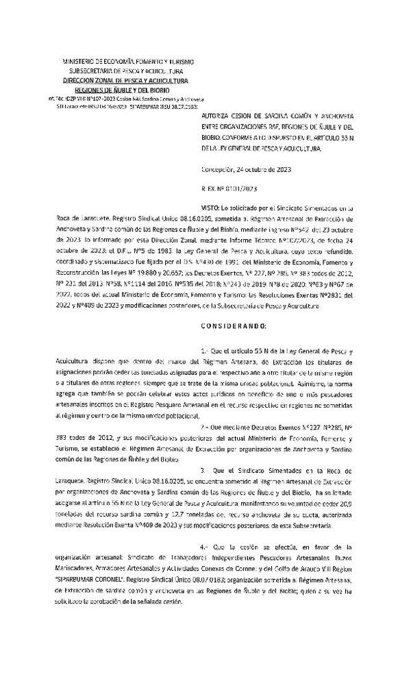 Res. Ex. N° 101-2023 (DZP Ñuble-Biobío) Autoriza cesión Sardina común y anchoveta. (Publicado en Pagina Web 25-10-2023).