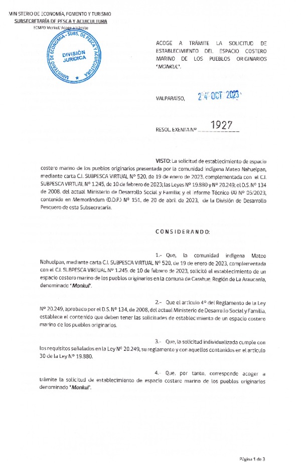 Res. Ex. N° 1927-2023 Acoge a trámite la solicitud de establecimiento de ECMPO Monkul. (Publicado en Página Web 25-10-2023)