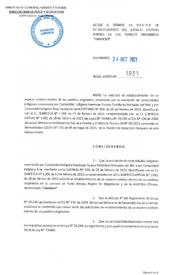 Res. Ex. N° 1931-2023 Acoge a trámite la solicitud de establecimiento de ECMPO Tawokser. (Publicado en Página Web 25-10-2023)