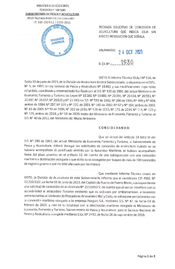 Res. Ex. N° 1930-2023 Rechaza solicitud de concesión de acuicultura que indica. Deja sin efecto Resolución que señala.