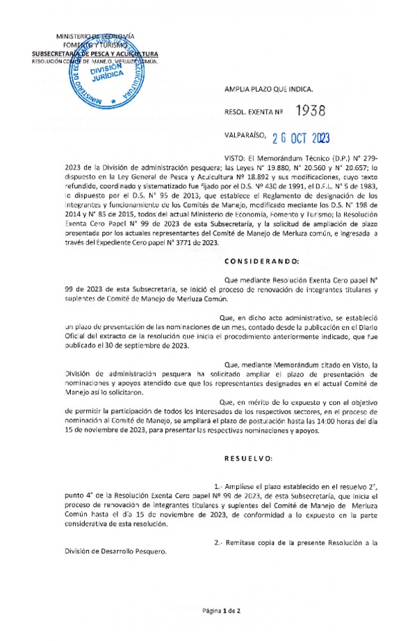 Res Ex. N° 1938-2023 Amplía plazo que indica. (Publicado en Página Web 30-10-2023)