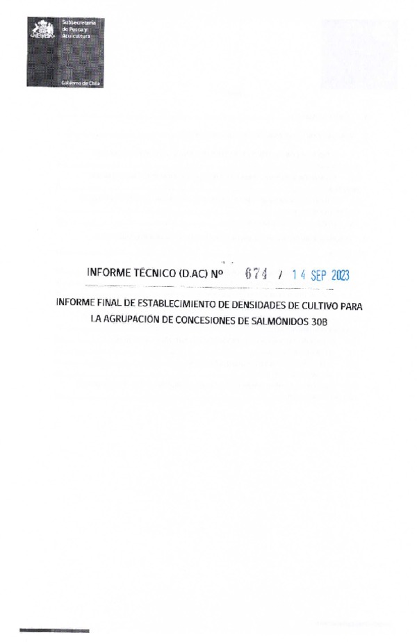 I.T. (D.A.C.) N° 674-2023 densidad de cultivo para la agrupación de concesión de Salmónidos 26A Región de Aysén del General Carlos Ibáñez del Campo. (Publicado en Página Web 03-11-2023)