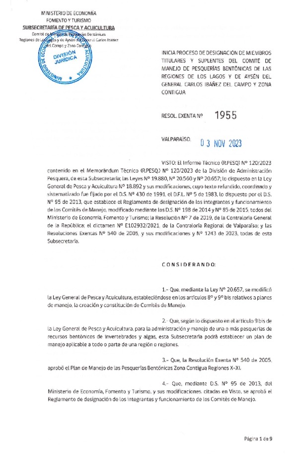 Res. Ex. N° 1955-2023 Inicia Proceso de Designación de Miembros Titulares y Suplentes del Comité de Manejo de Pesquerías Bentónicas de Las Regiones Los Lagos y de Aysén del General Carlos Ibañez del Campo y Zona Contigua. (Publicado en Página Web 03-11-2023)