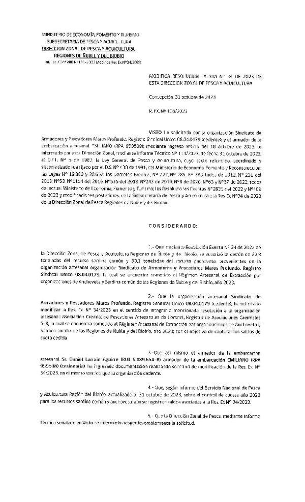 Res. Ex. N° 105-2023 (DZP Ñuble y del Biobío) Modifica Res. Ex. N° 034-2023 Autoriza cesión Sardina común y Anchoveta. (Publicado en Página Web 06-11-2023)