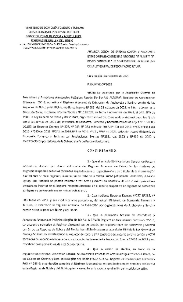 Res. Ex. N° 106-2023 (DZP Ñuble y del Biobío) Autoriza cesión Sardina común y Anchoveta. (Publicado en Página Web 06-11-2023)