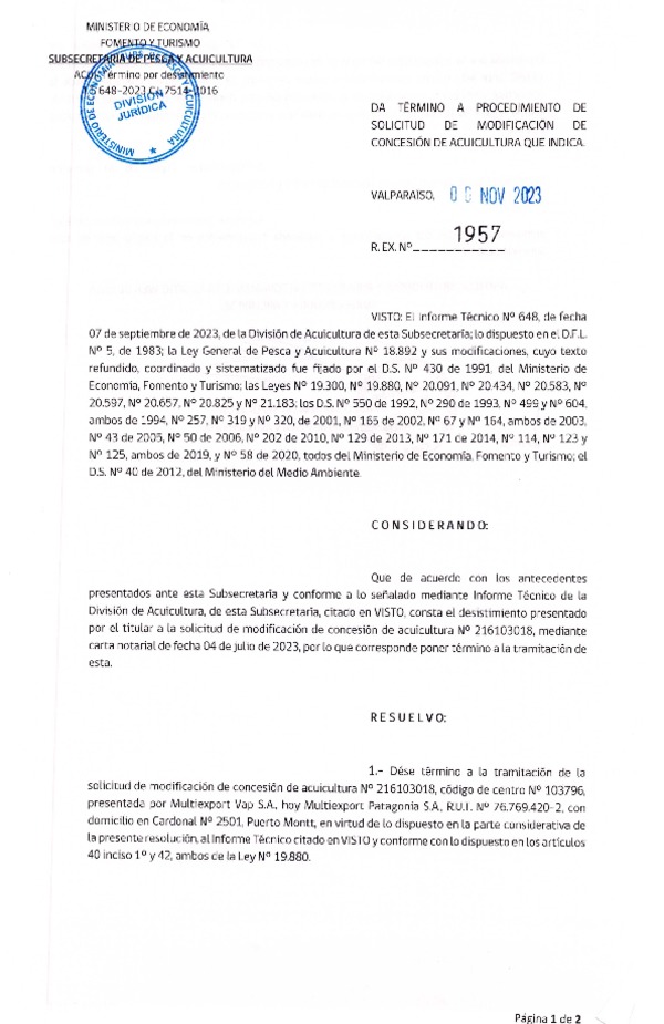 Res. Ex. N° 1957-2023 Da termino de solicitud de modificación de concesión de acuicultura que indica.