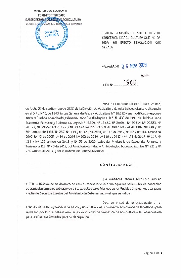 Res. Ex. N° 1960-2023 Ordena remisión de solicitudes de concesión de acuicultura que indica. Deja sin efecto resolución que señala.