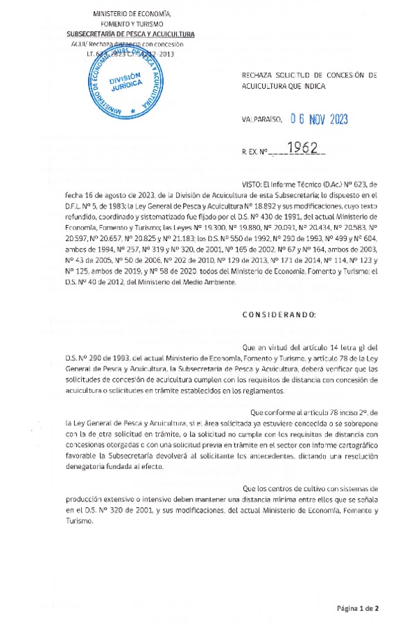 Res. Ex. N° 1962-2023 Rechaza solicitud de concesión de acuicultura que indica.