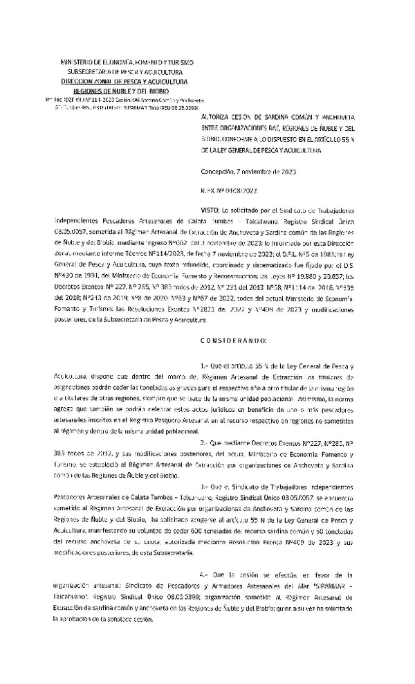Res. Ex. N° 108-2023 (DZP Ñuble y del Biobío) Autoriza cesión Sardina común y Anchoveta. (Publicado en Página Web 08-11-2023)