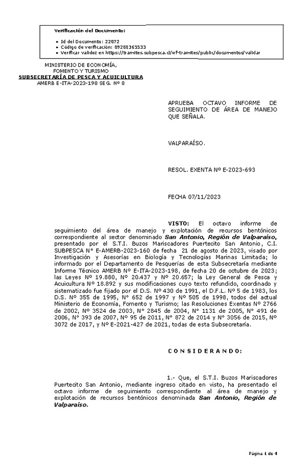 RESOL. EXENTA Nº E-2023-693 Aprueba 8° Seguimiento. (Publicado en Página Web 08-11-2023)