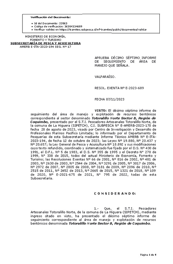 RESOL. EXENTA Nº E-2023-689 Aprueba 17° Seguimiento. (Publicado en Página Web 08-11-2023)