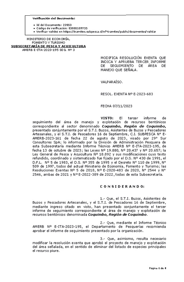 RESOL. EXENTA Nº E-2023-683 Modifica resolución que indica, Aprueba 3° Seguimiento. (Publicado en Página Web 08-11-2023)