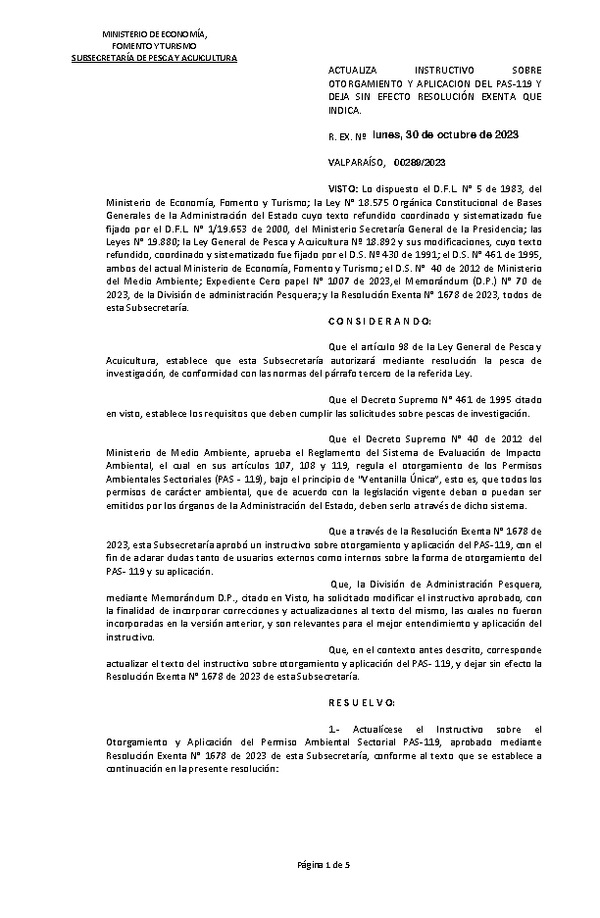 Res. Ex. CERO PAPEL N° 00289-2023 Actualiza Instructivo Sobre Otorgamiento y Aplicación del PAS-119 y Deja sin Efecto Resolución Exenta que Indica. (Publicado en Página Web 08-11-2023)